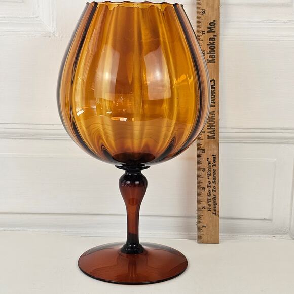 Vintage 1960s MCM Mid century amber brown glass pedestal bowl vase 5 x 12 - Picture 3 of 16